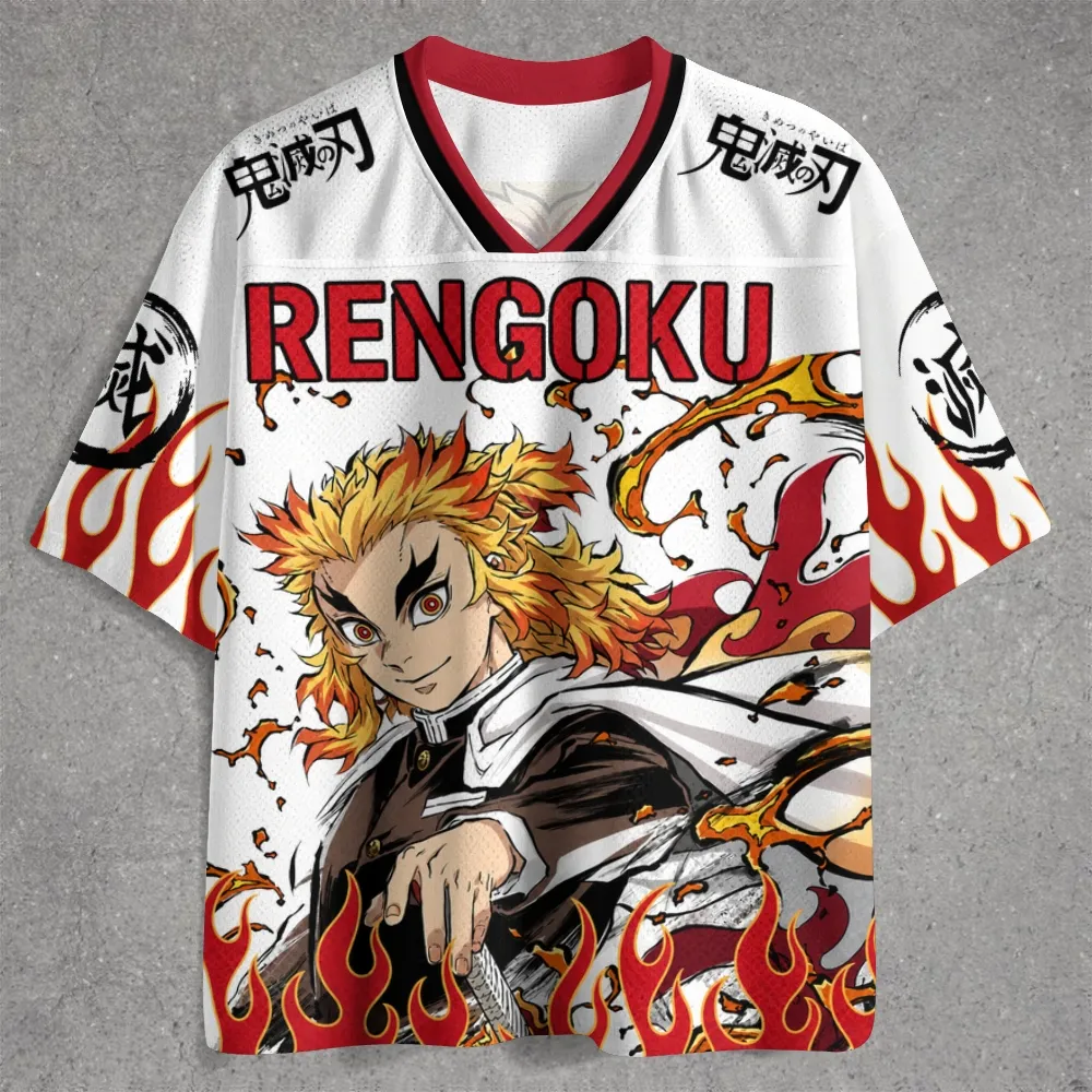 Demon Slayer Kyojuro Rengoku Football Jersey, Flame Hashira White and Red Anime V-Neck Jersey Shirt, Kimetsu no Yaiba Fire Pattern Fan Tee