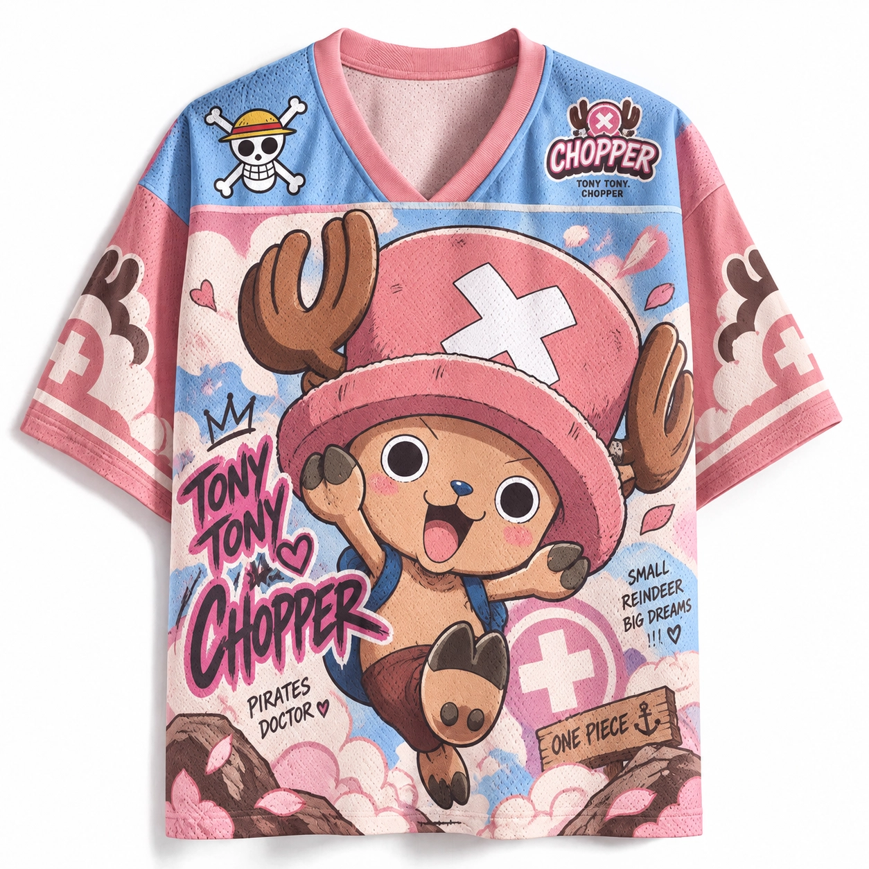One Piece Tony Tony Chopper Football Jersey, Straw Hat Pirates Doctor Reindeer Anime V-Neck Jersey Shirt, Pink Sky Blue Kawaii Tee for Fans