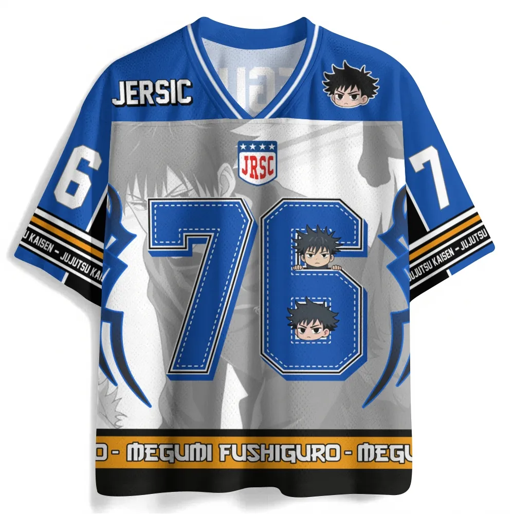 Jujutsu Kaisen Megumi Fushiguro Football Jersey, Divine Dog Number 76 Anime V-Neck Jersey Shirt, Blue Grey White Mesh Tee for JJK Fans