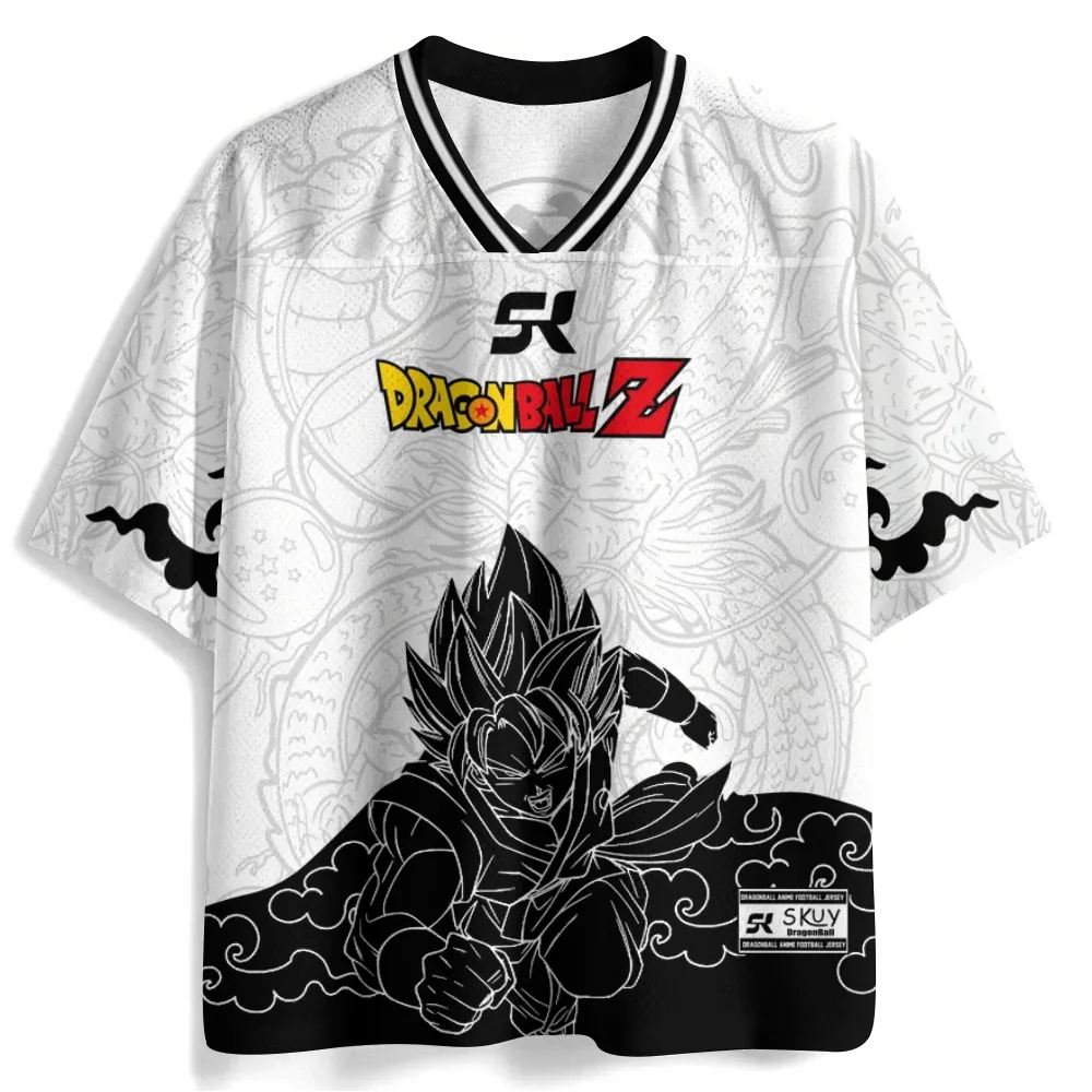 Dragon Ball Z Super Saiyan Goku Football Jersey, Kame Kanji Turtle School Anime V-Neck Jersey Shirt, White Black Line Art Shenron Tee