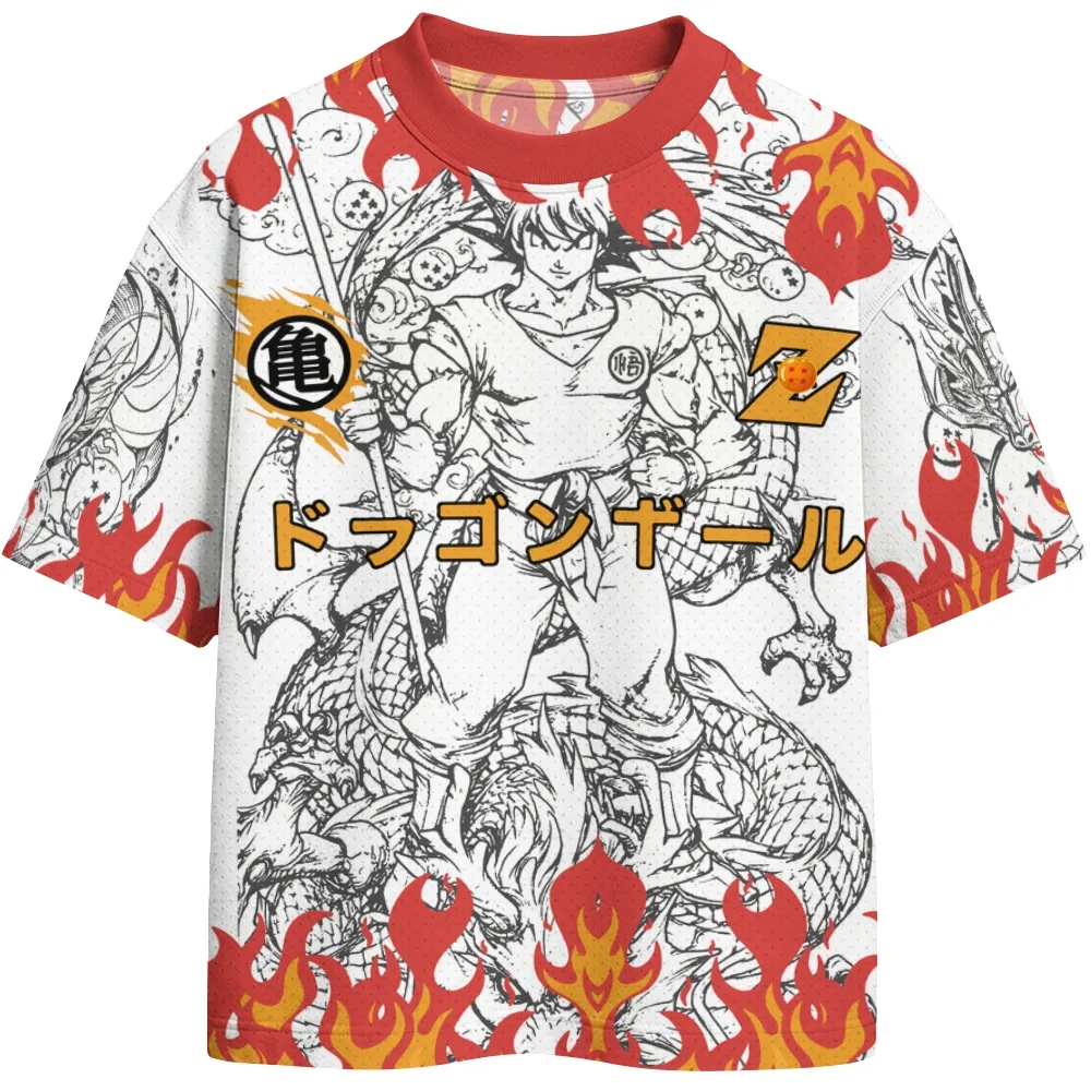 Dragon Ball Z Goku and Shenron Football Jersey, Turtle School Kanji Line Art Anime Crew Neck Jersey Shirt, White Red and Orange Flame Tee