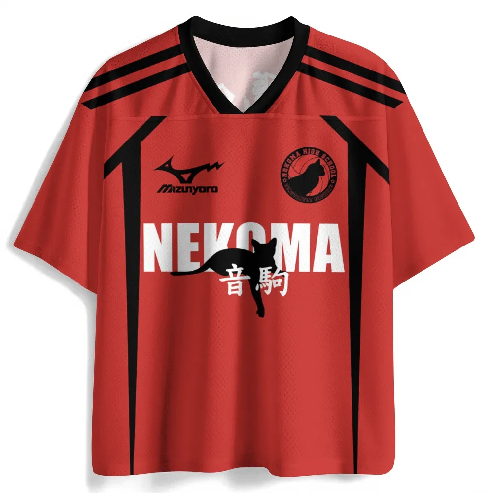 Haikyu!! Nekoma High School Football Jersey, Tetsuro Kuroo Number 1 Volleyball Anime V-Neck Jersey Shirt, Red Black Mesh Tee for Fans