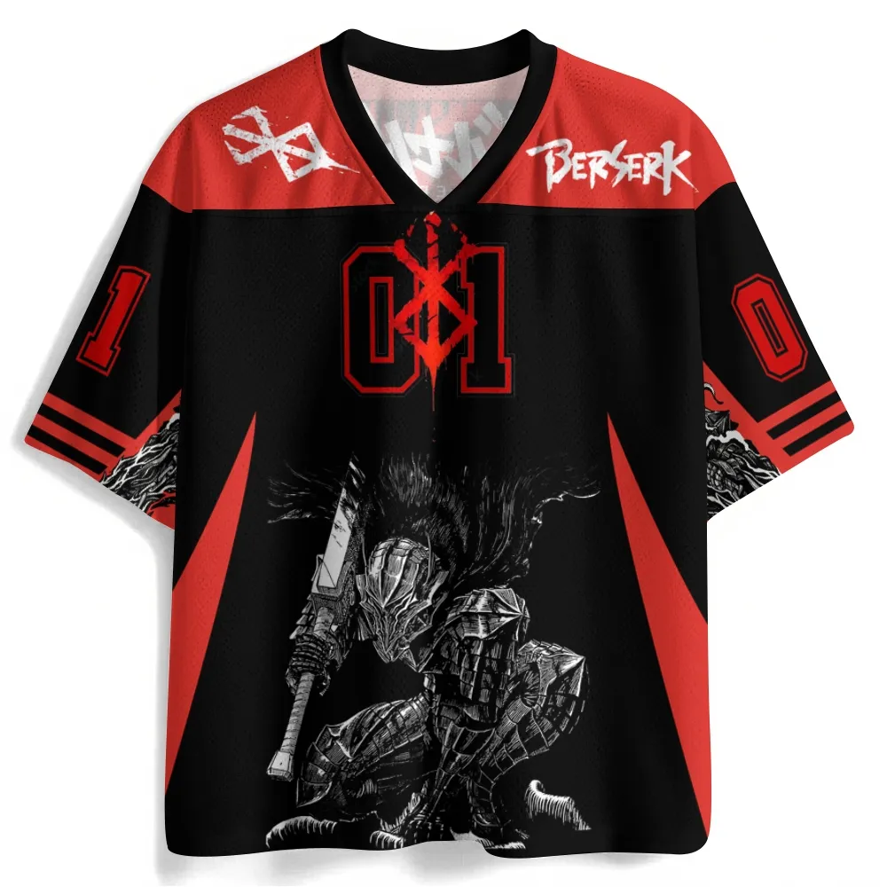 Berserk Guts Football Jersey, Brand of Sacrifice Number 01 Black and Red Anime V-Neck Jersey Shirt, Berserker Armor Dark Fantasy Manga Sports Tee