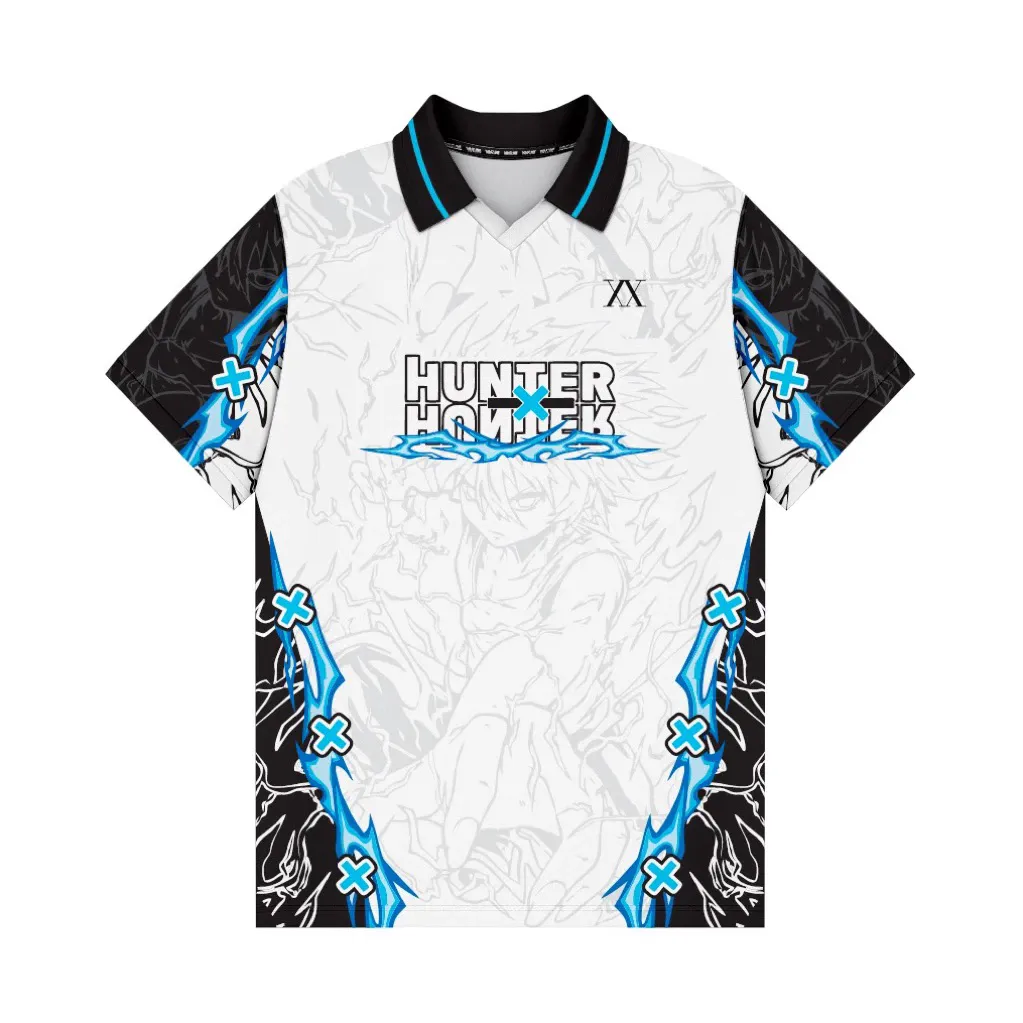 Hunter x Hunter Killua Zoldyck Football Jersey, Godspeed Lightning Collared V-Neck Jersey Shirt, White Black Blue Anime Tee for HxH Fans