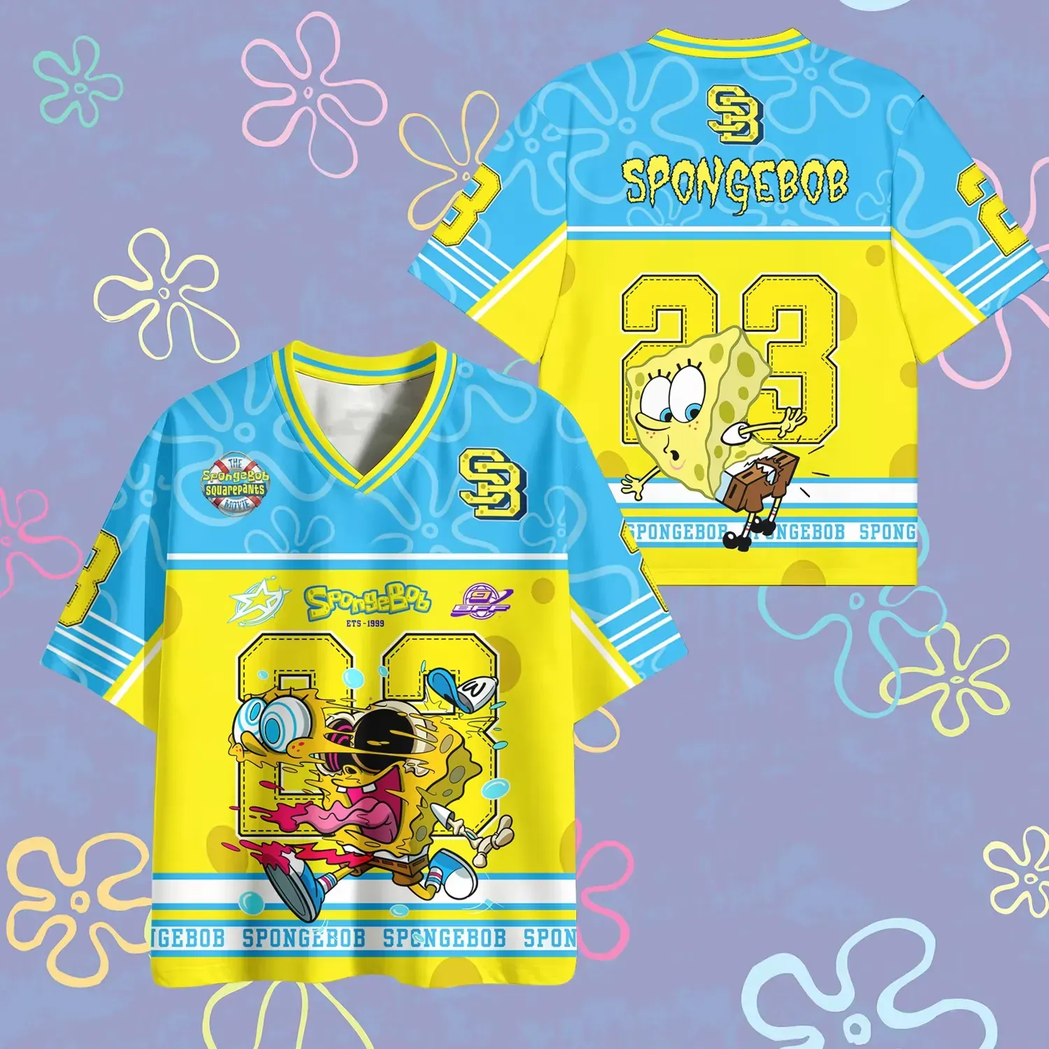 SpongeBob SquarePants Football Jersey, Number 23 SB Logo Bikini Bottom Cartoon V-Neck Jersey Shirt, Yellow Sky Blue Sports Tee for Fans