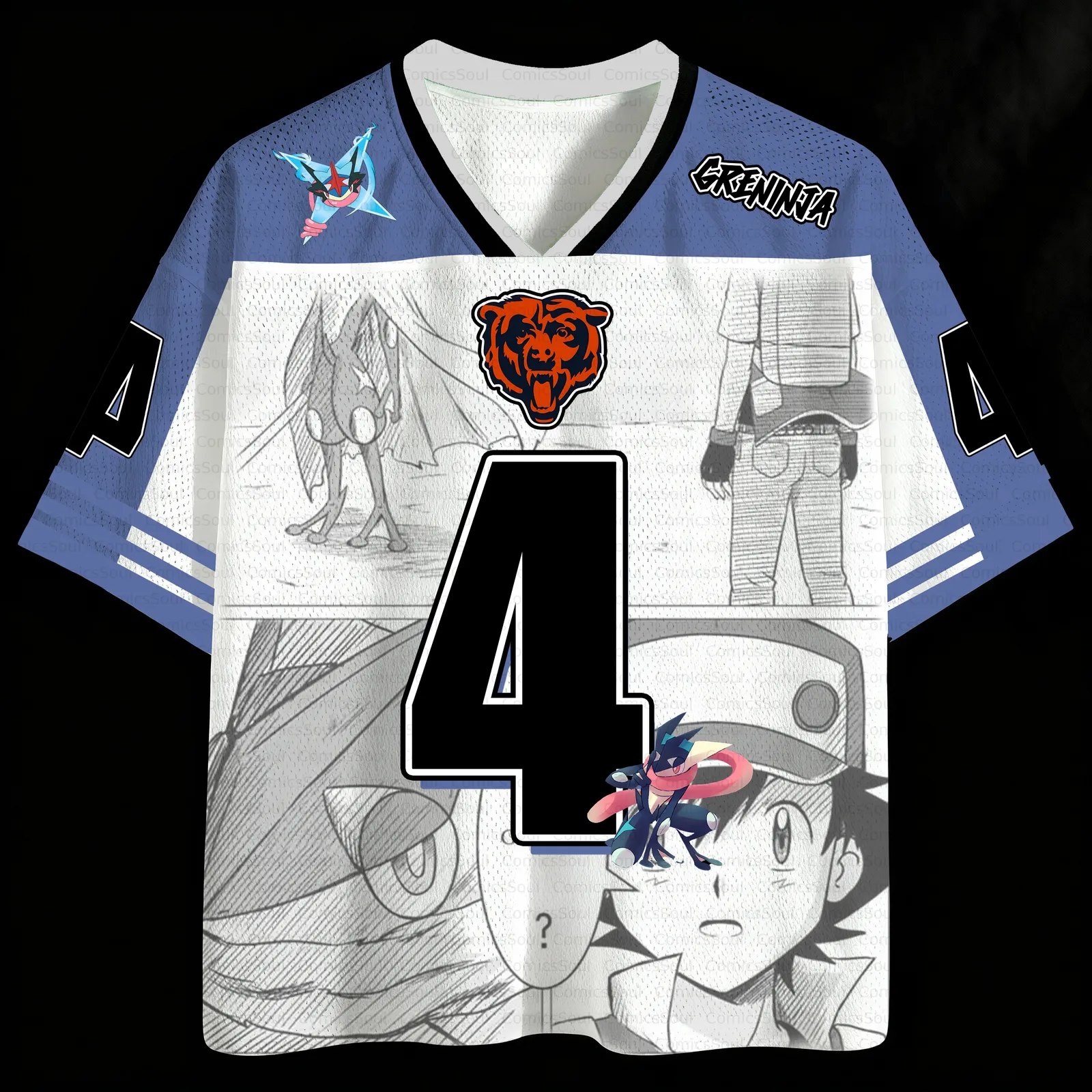 Pokémon Greninja Ash Ketchum Football Jersey, Water Ninja Frog 4 Manga Anime V-Neck Jersey Shirt, Blue and White Sports Tee for Trainers