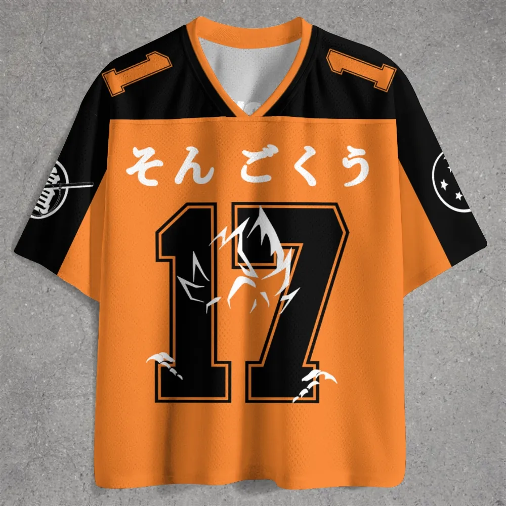 Dragon Ball Z Son Goku Football Jersey, Number 17 Japanese Hiragana Name Super Saiyan Silhouette Anime V-Neck Jersey Shirt, Orange Black Tee