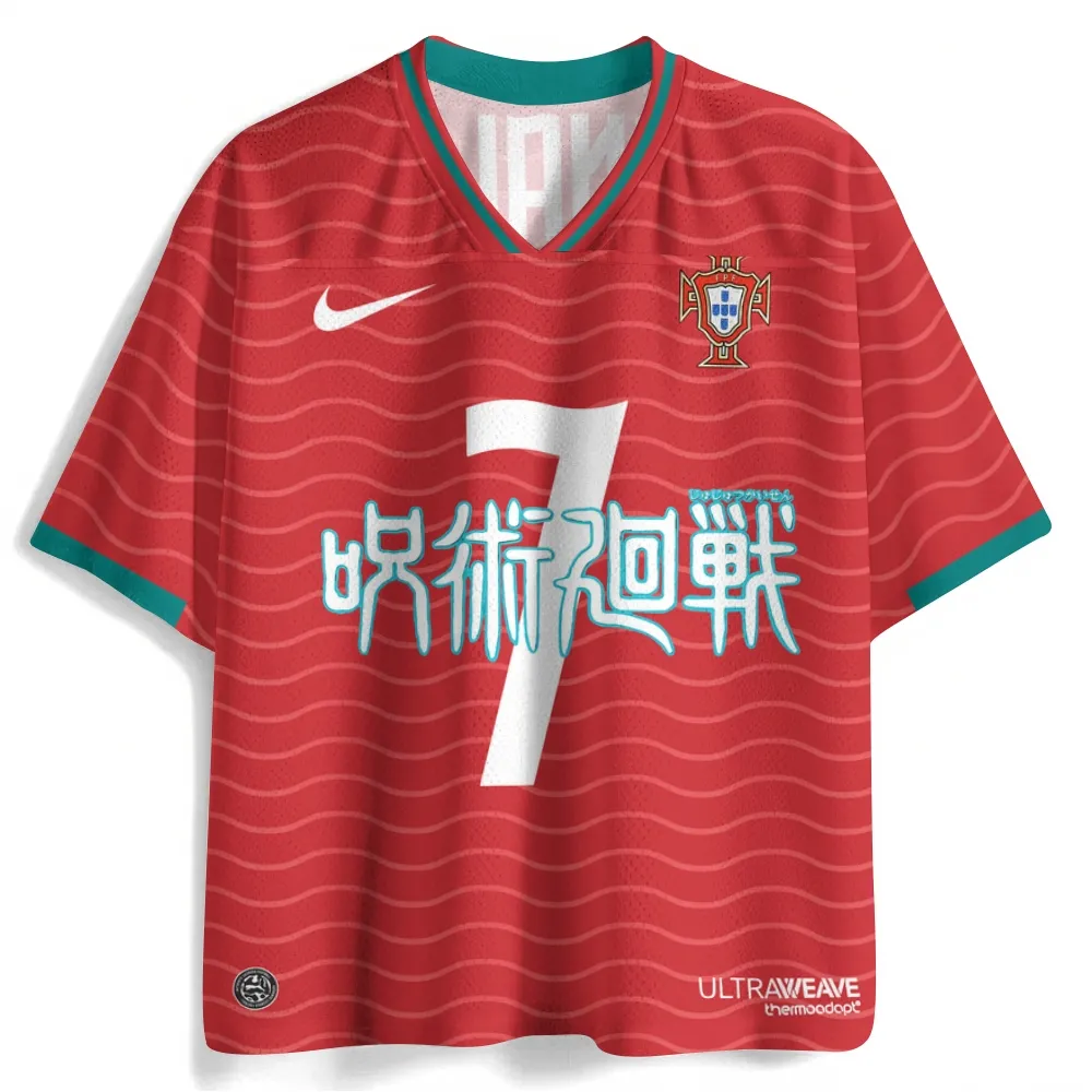 Jujutsu Kaisen Megumi Fushiguro Football Jersey, Divine Dog Shikigami Anime V-Neck Jersey Shirt, Red Teal Wave Stripe Number 7 Kanji Tee