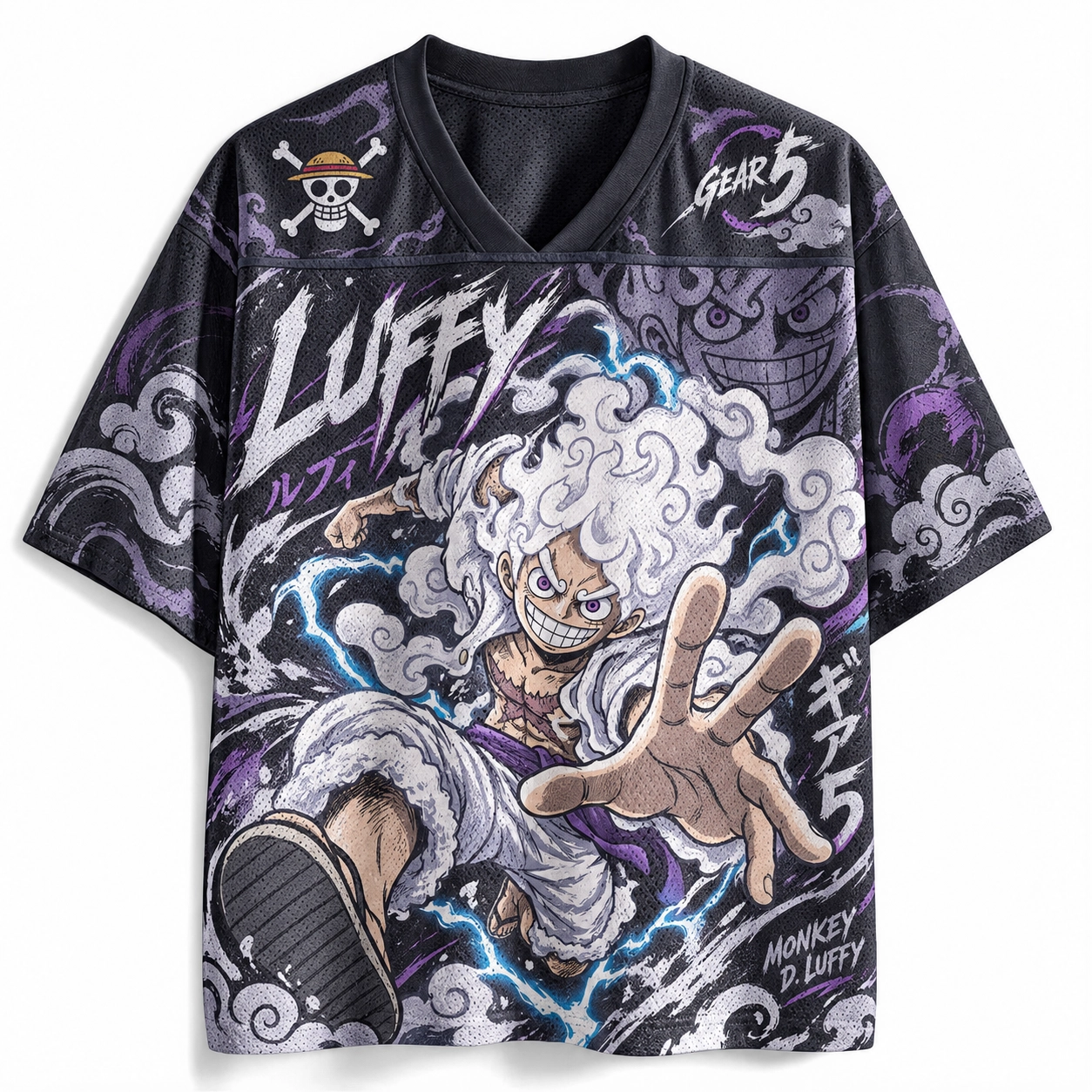One Piece Monkey D. Luffy Gear 5 Football Jersey, Sun God Nika Black and Purple Anime V-Neck Jersey Shirt, Straw Hat Jolly Roger Fan Tee