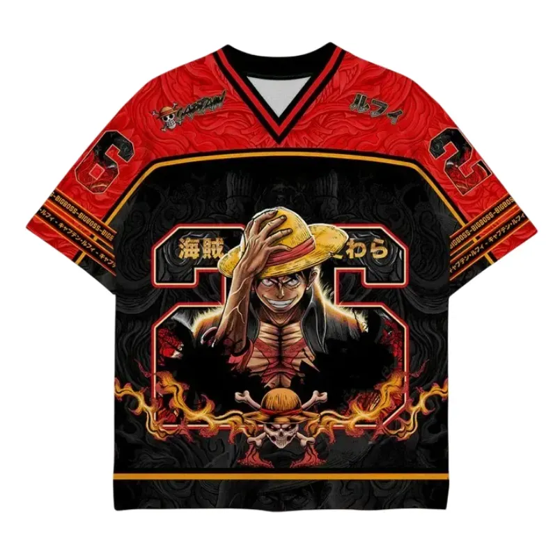 One Piece Monkey D. Luffy Football Jersey, Captain Straw Hat Red and Black Anime V-Neck Jersey Shirt, Golden Flame Jolly Roger Fan Tee