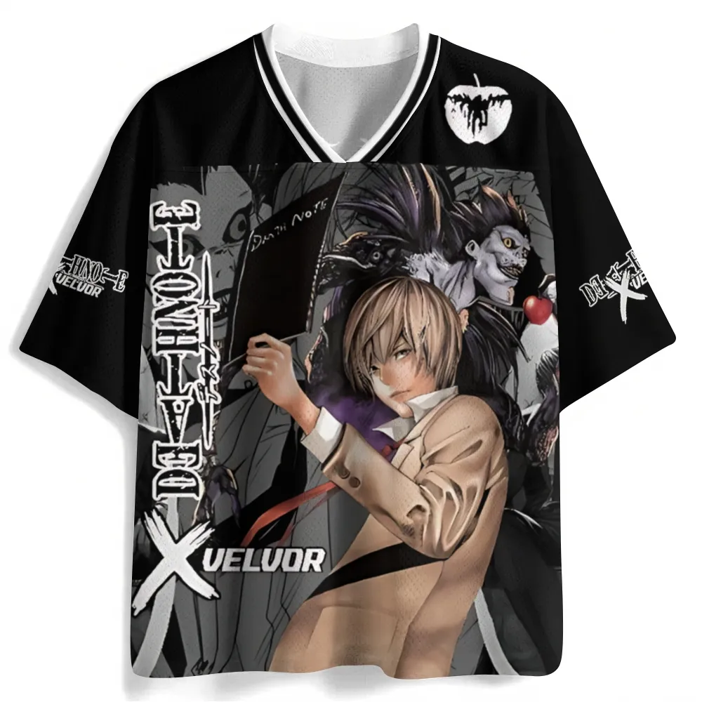 Death Note Light Yagami and Ryuk Football Jersey, I Am the Justice Kira Anime V-Neck Jersey Shirt, Black White Grey Gothic Sports Tee