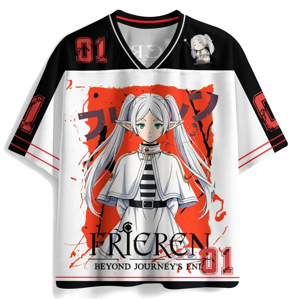 Frieren Beyond Journey's End Football Jersey, Sousou no Frieren Fantasy Anime V-Neck Jersey Shirt, White Black Red Number 01 Elf Mage Tee