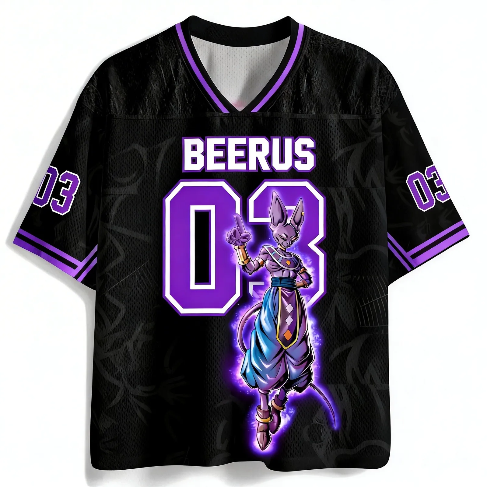 Dragon Ball Super Beerus Football Jersey, God of Destruction Black and Purple Anime V-Neck Jersey Shirt with Number 03, Glowing Aura Tee
