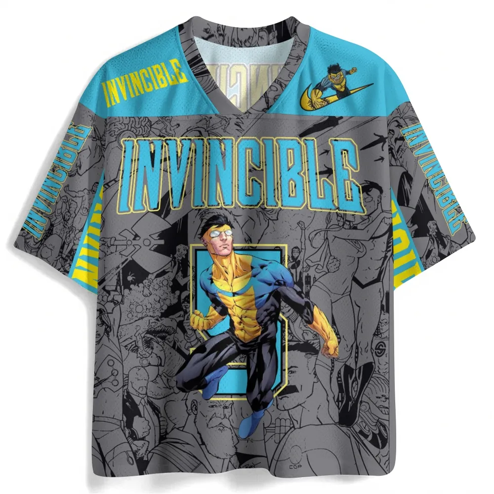 Invincible Mark Grayson Football Jersey, Grey and Sky Blue Comic Book Superhero V-Neck Jersey Shirt, Yellow Suit Hero Panel Fan Tee