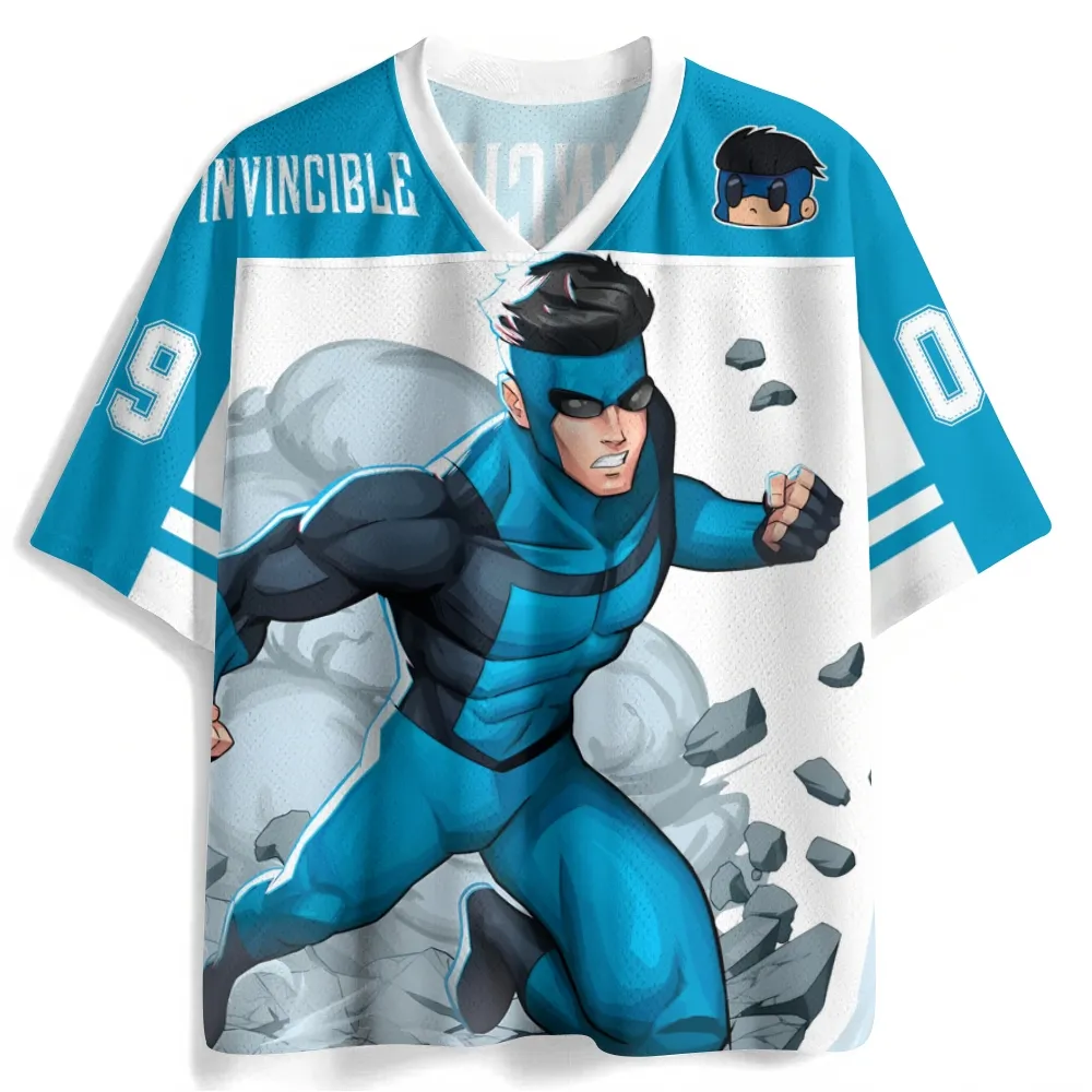 Invincible Mark Grayson Football Jersey, Sky Blue and White Comic Superhero V-Neck Jersey Shirt with Number 09, Chibi Hero Mask Fan Tee