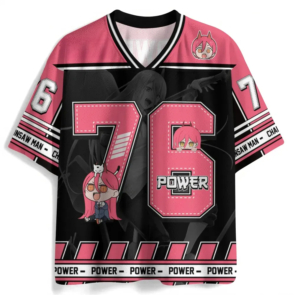 Chainsaw Man Power Football Jersey, Blood Fiend Number 76 Anime V-Neck Jersey Shirt, Pink and Black Varsity Style Sports Tee for Fans