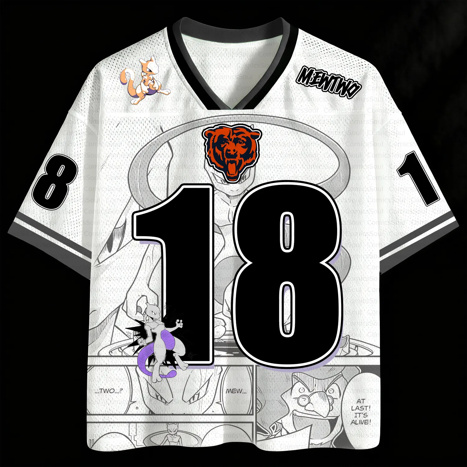 Pokemon Mewtwo Football Jersey, White and Black Manga Panel Anime V-Neck Jersey Shirt with Number 18, Psychic Legendary Monster Fan Tee