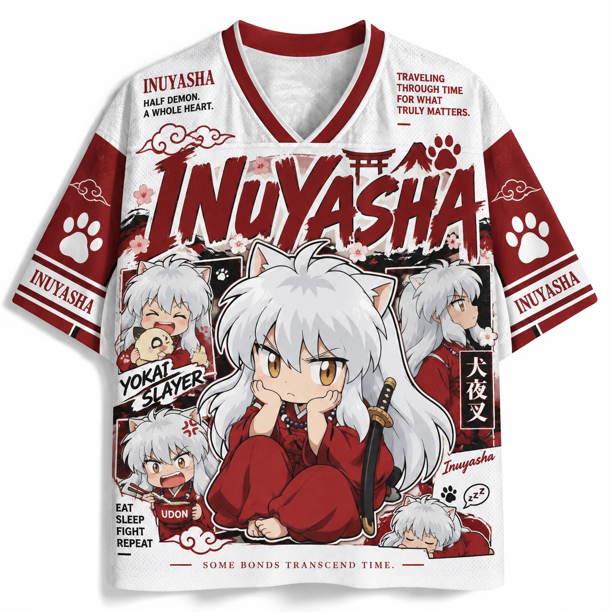 Inuyasha Football Jersey, Half Demon Number 27 Feudal Era Anime V-Neck Jersey Shirt, White Red Sakura Tee for Rumiko Takahashi Fans