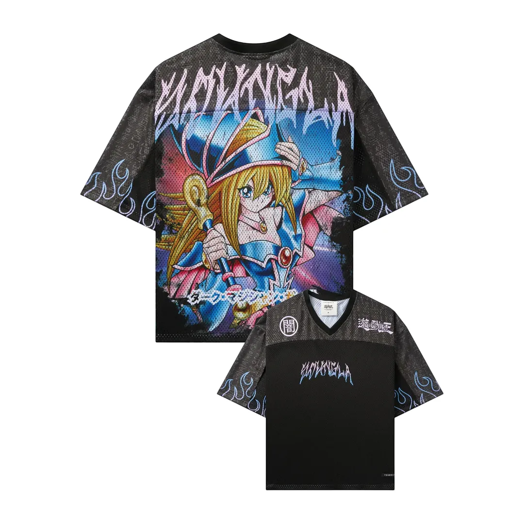 Yu-Gi-Oh! Dark Magician Girl Football Jersey, Duel Monsters Anime Mesh V-Neck Jersey Shirt, Black Pink and Blue Flame Sports Tee for Duelists