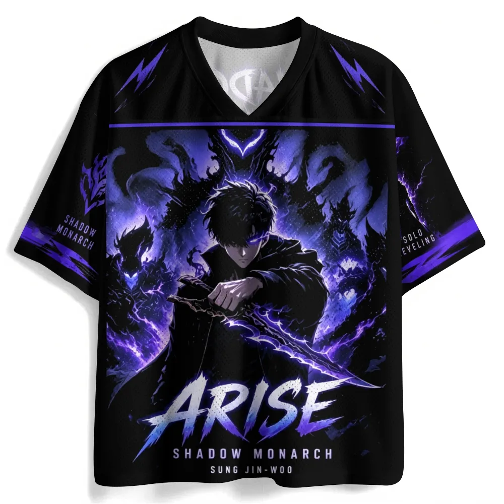 Solo Leveling Sung Jin-Woo Football Jersey, Shadow Monarch Arise Undead Army Violet Flame Anime V-Neck Jersey Shirt, Black Purple Tee