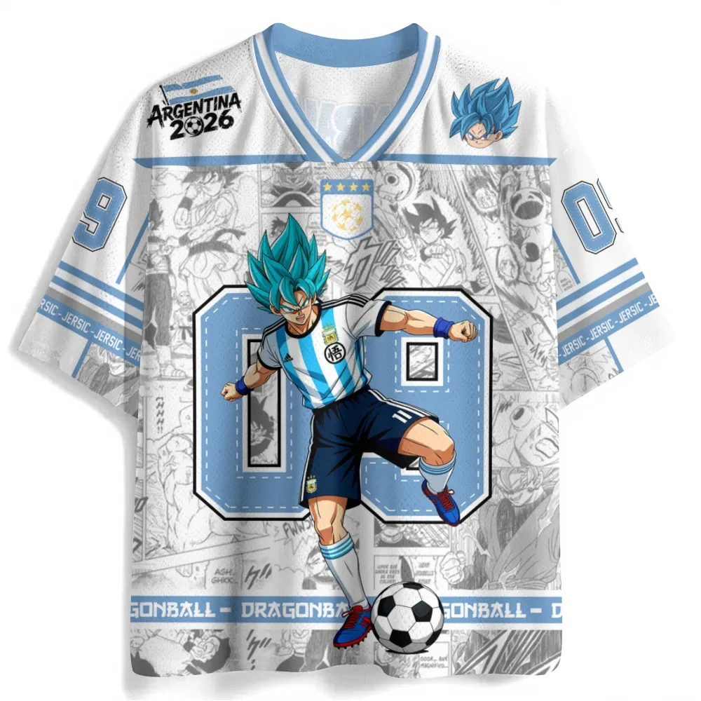 Dragon Ball Z Goku Super Saiyan Blue Football Jersey, Soccer Kick Argentina Style Anime V-Neck Jersey Shirt, White Sky Number 09 Tee