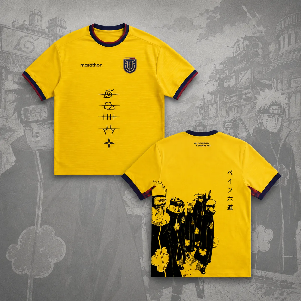 Naruto Six Paths of Pain Football Jersey, Akatsuki Hidden Village Symbols Crew Neck Soccer Jersey Shirt, Yellow and Navy Anime Sports Tee