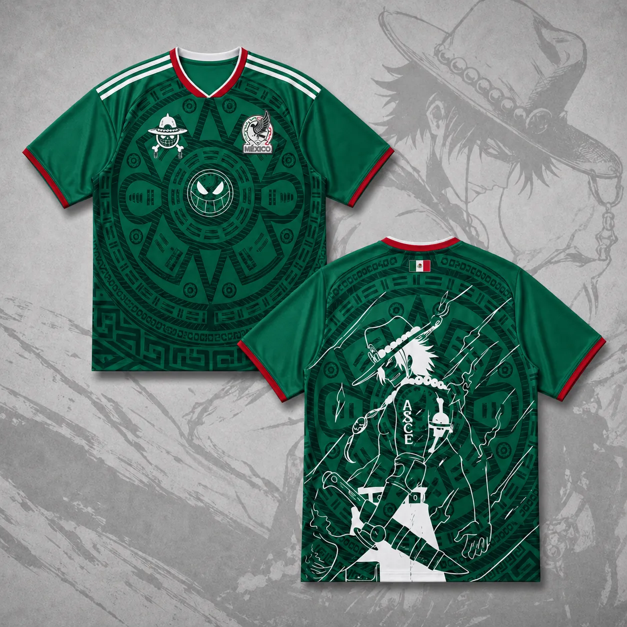 One Piece Portgas D. Ace Football Jersey, Mexico Style Green Anime Soccer Shirt, Aztec Sun Stone Pattern Fan Kit with Whitebeard Mark