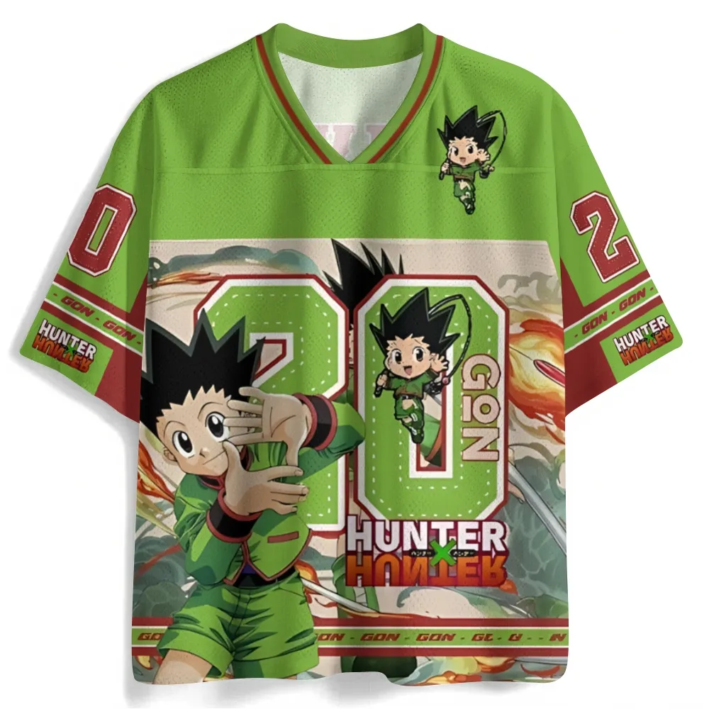 Hunter x Hunter Gon Freecss Football Jersey, Number 20 Anime V-Neck Jersey Shirt, Lime Green Red Cream Sports Tee with Chibi Gon for Fans