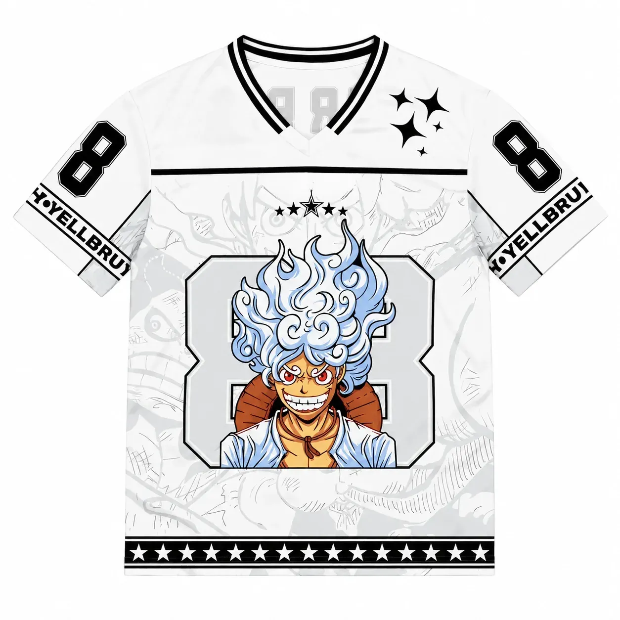 One Piece Luffy Gear Five Football Jersey, Sun God Nika 88 Anime V-Neck Jersey Shirt, White and Black Sports Tee for Straw Hat Fans
