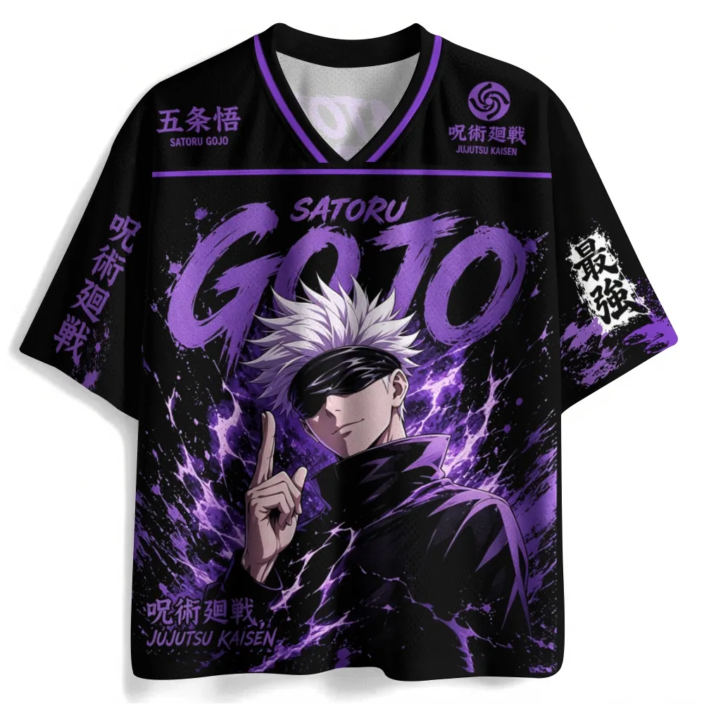 Jujutsu Kaisen Satoru Gojo Football Jersey, The Strongest Domain Expansion Anime V-Neck Jersey Shirt, Black Purple Sports Tee for Fans