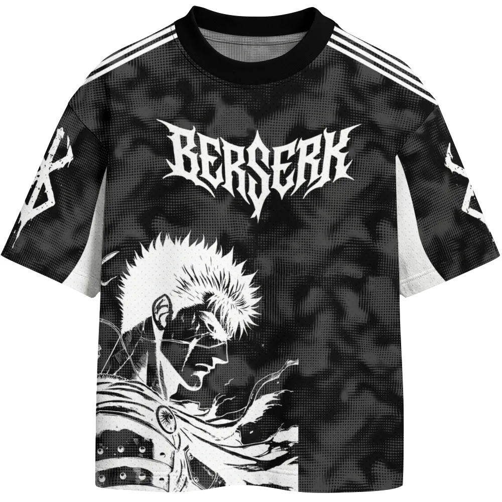 Berserk Guts Football Jersey, Metal Logo Crew Neck Anime Jersey Shirt, Black Grey White Brand of Sacrifice Mesh Tee for Dark Fantasy Fans