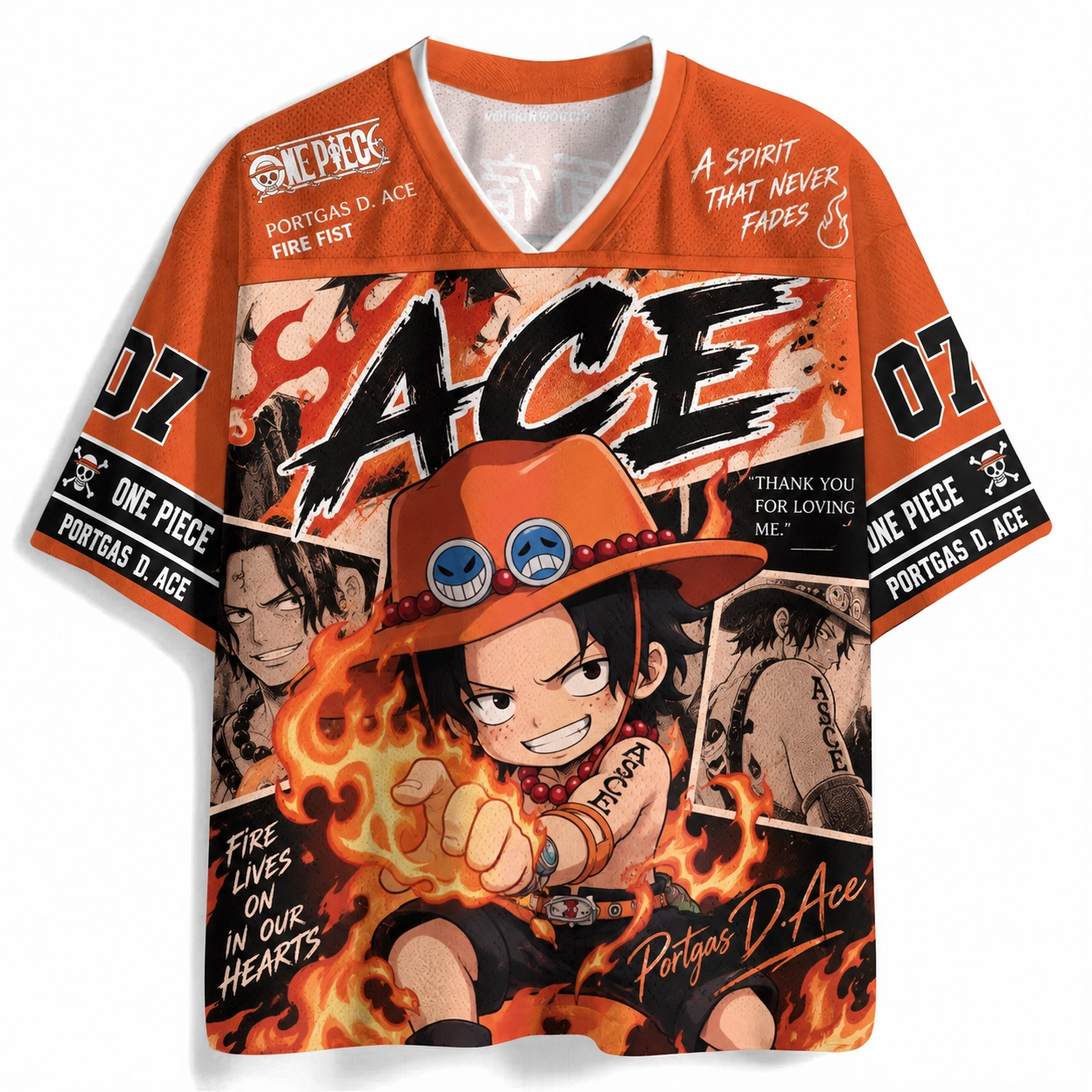 One Piece Portgas D Ace Football Jersey, Fire Fist Number 07 Orange and Black Anime V-Neck Jersey Shirt, Chibi Whitebeard Pirates Flame Punch Tee