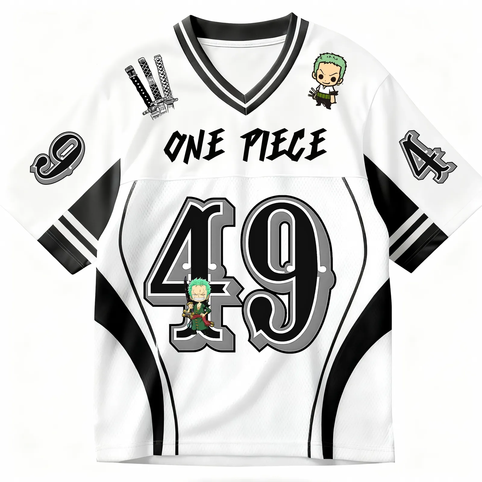 One Piece Roronoa Zoro Football Jersey, White and Black Straw Hat Jolly Roger Anime V-Neck Jersey Shirt, Number 49 Ink Portrait Fan Tee