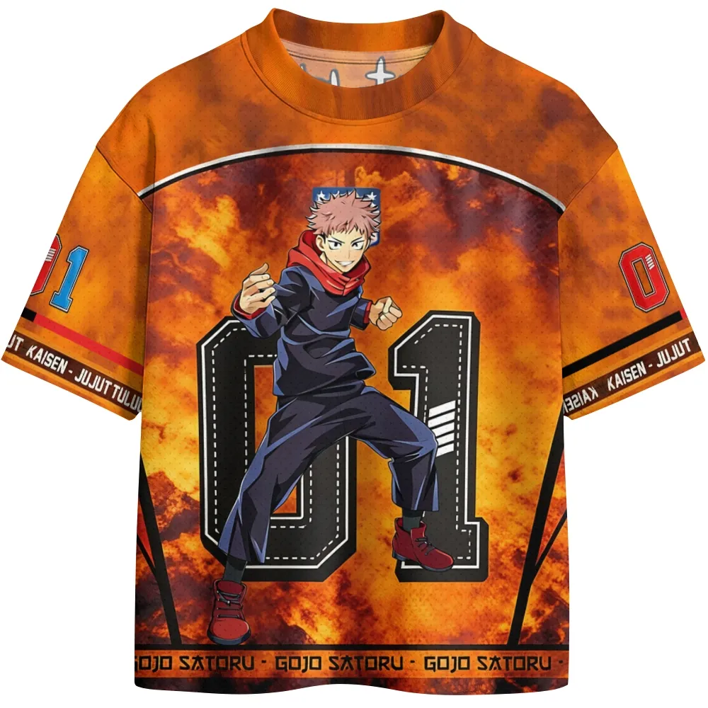 Jujutsu Kaisen Yuji Itadori Football Jersey, Number 01 Divergent Fist Fighting Stance Fire Anime Crew Neck Jersey Shirt, Orange Black Tee