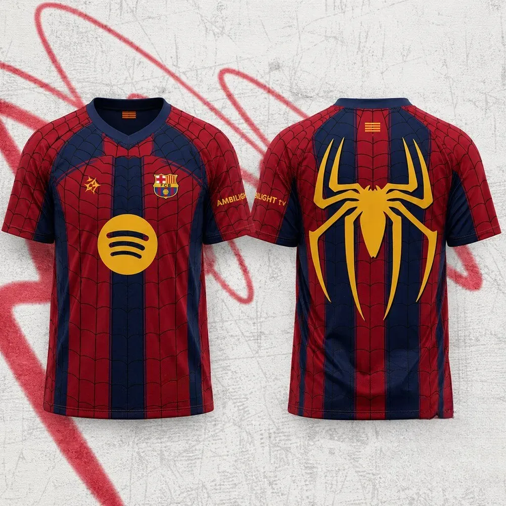 Spider-Man Football Jersey, Gold Arachnid Emblem Web Pattern Soccer Style Crew Neck Jersey Shirt, Garnet Navy Striped Superhero Tee for Fans