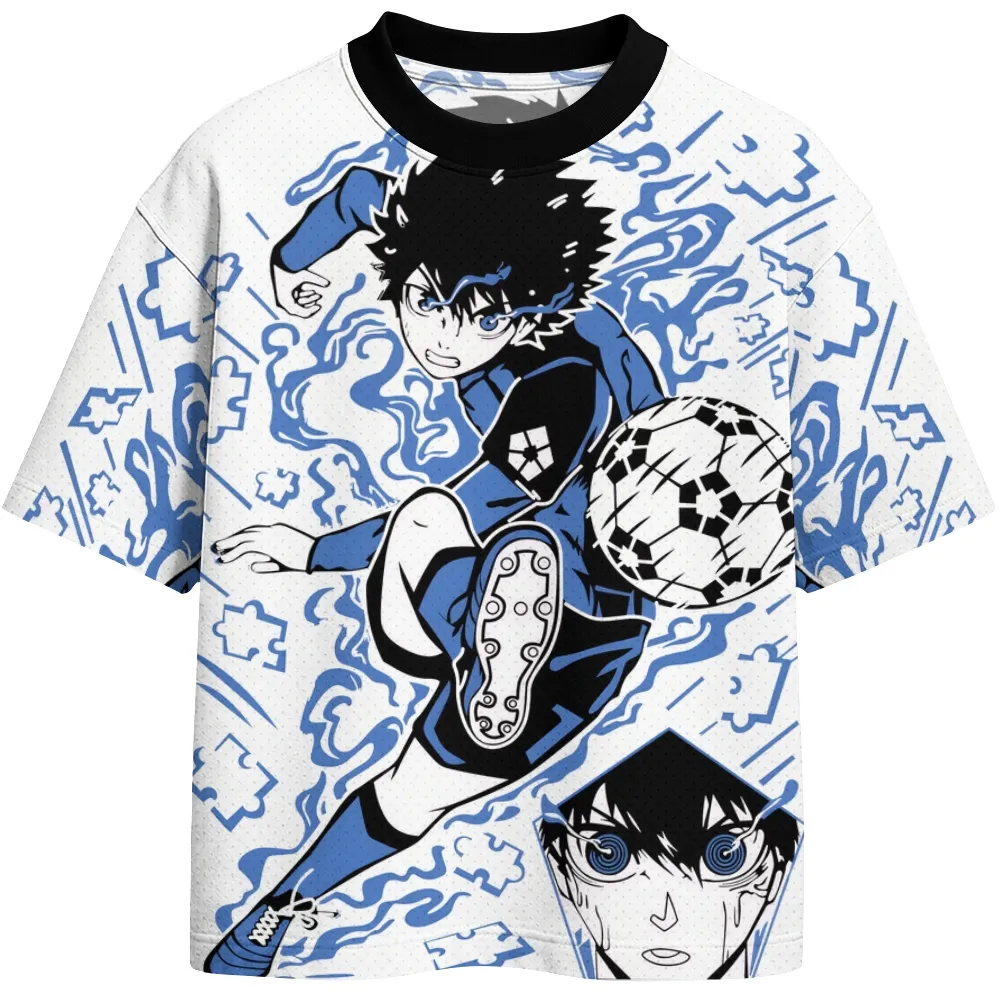 Blue Lock Yoichi Isagi Football Jersey, Soccer Striker Volley Kick Anime Crew Neck Jersey Shirt, White Royal Puzzle Piece Manga Tee