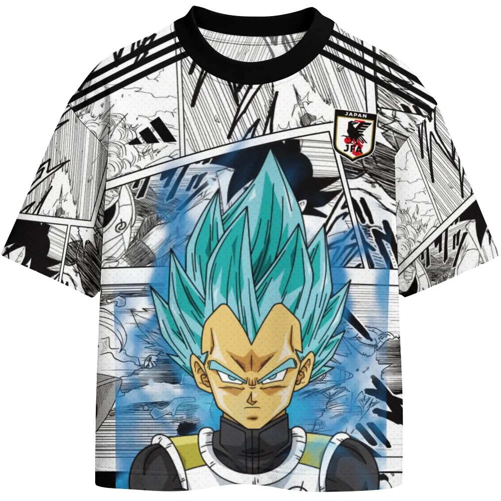 Dragon Ball Super Vegeta Saiyan Blue Football Jersey, Prince of Saiyans Manga Panel Anime Crew Neck Jersey Shirt, White Black Number 23 Tee