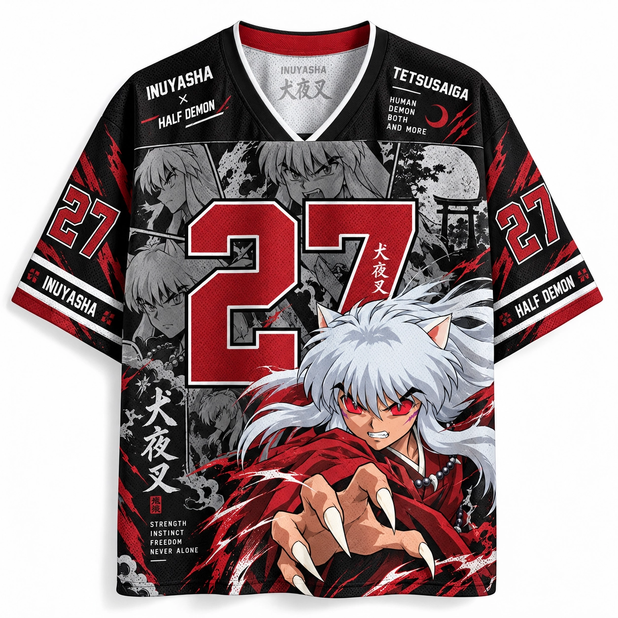 Inuyasha Half Demon Football Jersey, Number 27 Tetsusaiga Feudal Japan Kanji Torii Moon Anime V-Neck Jersey Shirt, Black Red Grey Tee