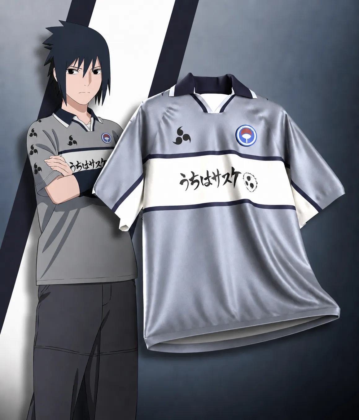 Naruto Sasuke Uchiha Football Jersey, Clan Fan Crest Sharingan Anime Soccer Style Jersey Shirt, Grey White and Navy Retro Sports Tee for Fans