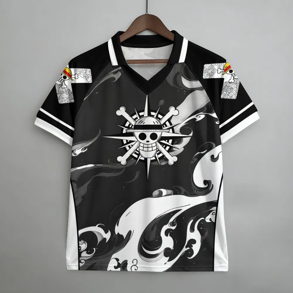 One Piece Gear 5 Luffy Straw Hat Jolly Roger Football Jersey, Sun God Nika Anime V-Neck Jersey Shirt, Black White Wave Tee for Fans
