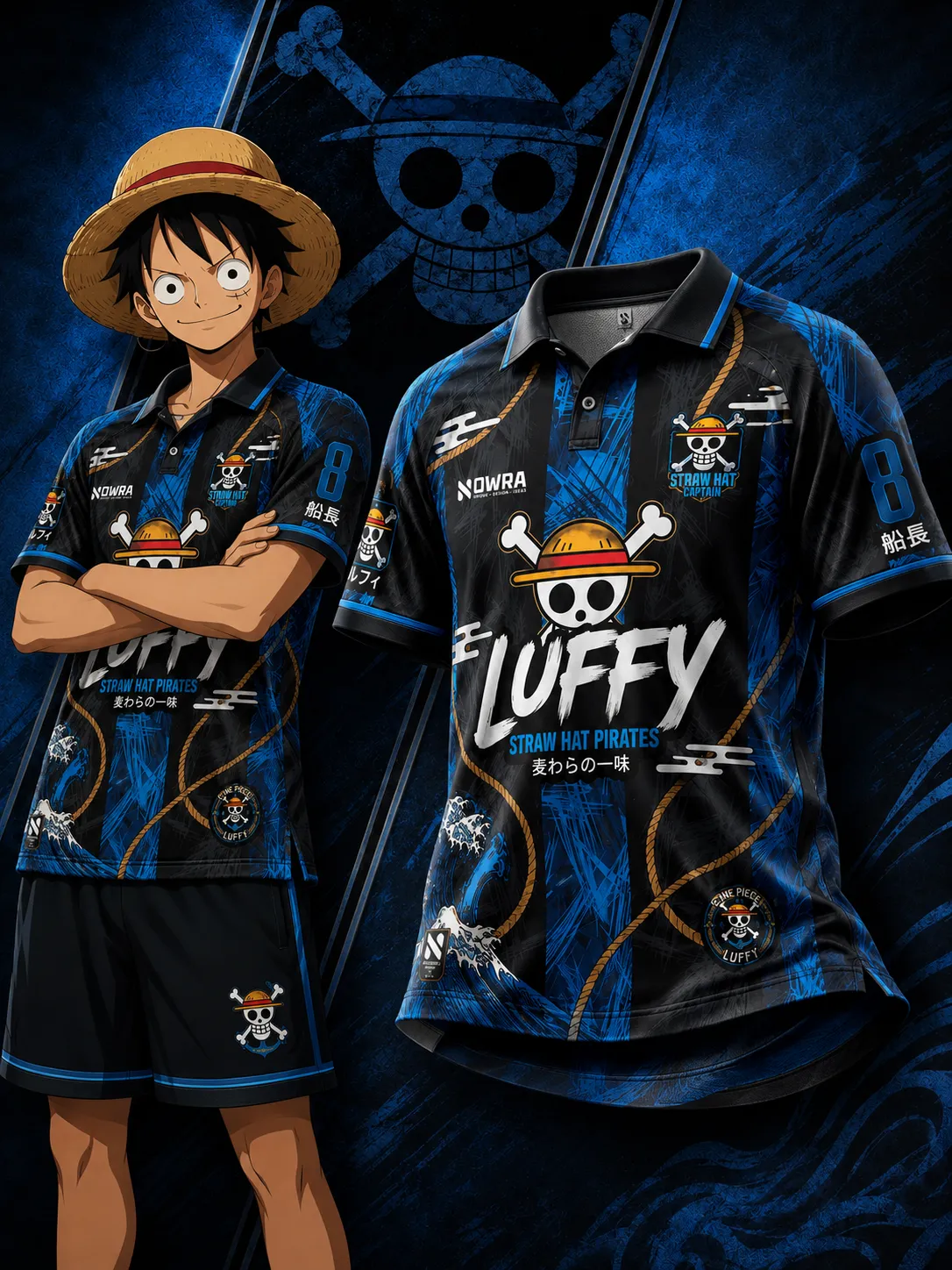 One Piece Luffy Straw Hat Pirates Football Jersey, Captain Number 8 Collared V-Neck Jersey Shirt, Navy Blue Black Gold Rope Anime Tee for Fans