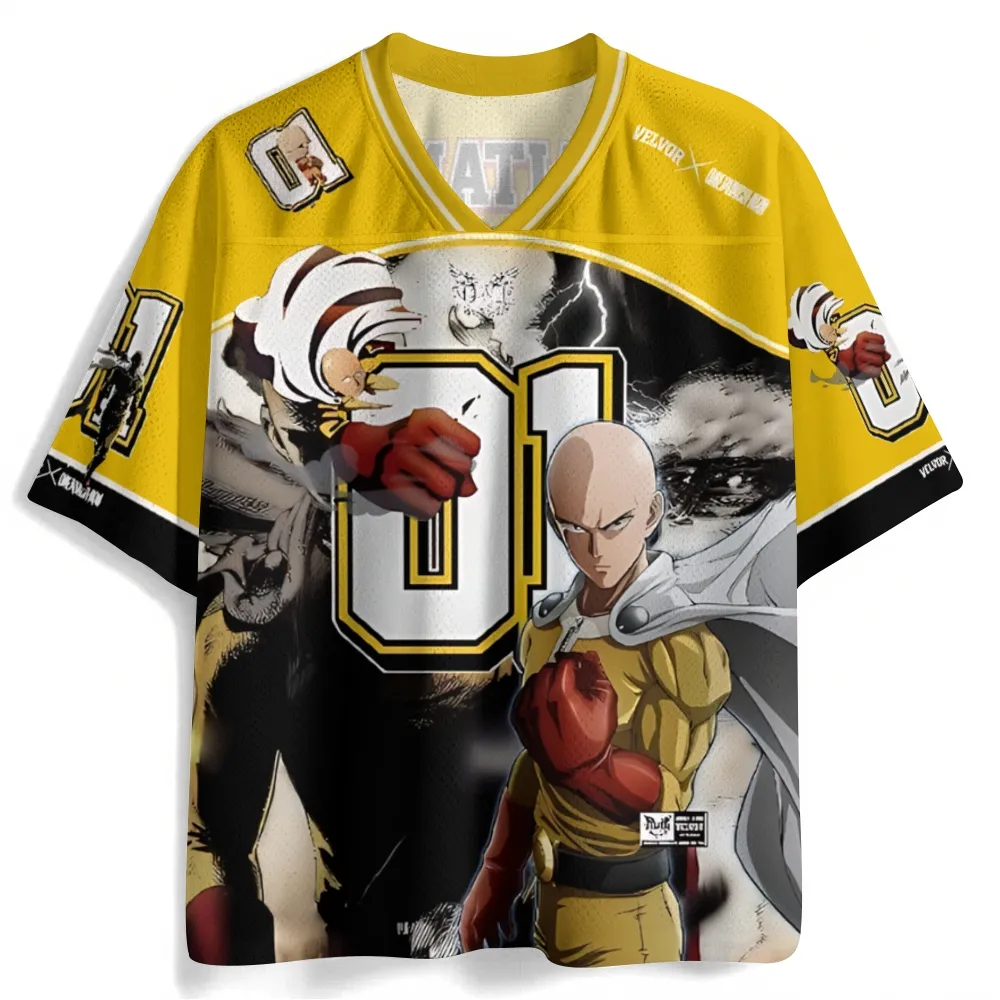 One Punch Man Saitama Football Jersey, Number 01 Caped Baldy Hero Genos Fight Anime V-Neck Jersey Shirt, Yellow Black White Sports Tee