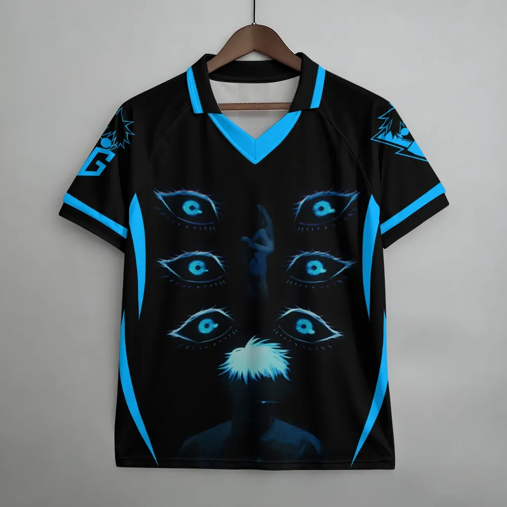Jujutsu Kaisen Satoru Gojo Six Eyes Football Jersey, Black and Sky Blue Collared Soccer Shirt, Infinity Glowing Gaze Anime Gaming Kit Tee
