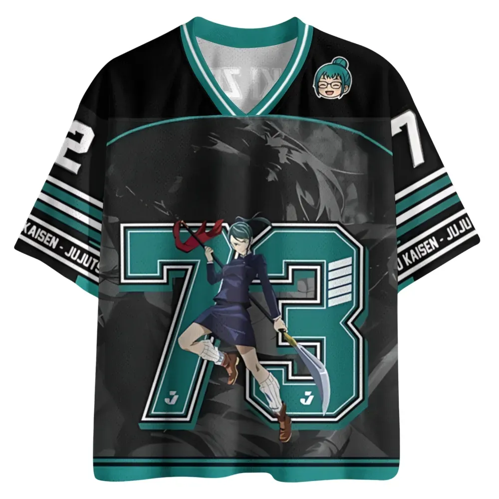 Jujutsu Kaisen Maki Zenin Football Jersey, Tokyo High Sorcerer Anime V-Neck Jersey Shirt, Black Teal Number 73 Tee for Cursed Energy Fans