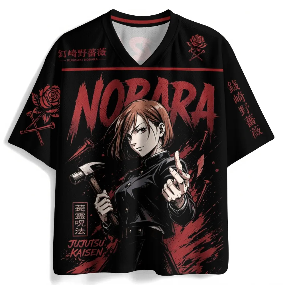 Jujutsu Kaisen Nobara Kugisaki Football Jersey, Straw Doll Technique Resonance Anime V-Neck Jersey Shirt, Black Crimson Red Rose Tee