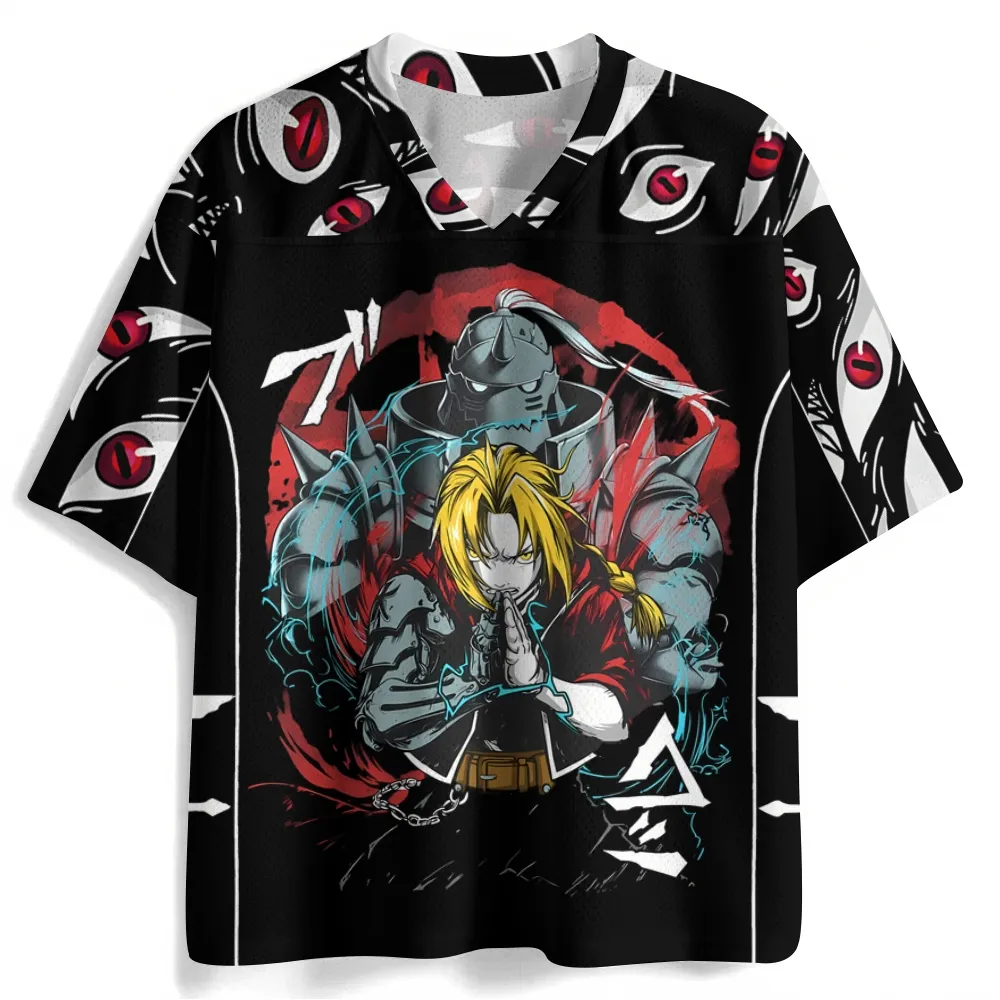 Fullmetal Alchemist Edward and Alphonse Elric Football Jersey, Law of Equivalent Exchange Anime V-Neck Jersey Shirt, Black Red Eye Tee