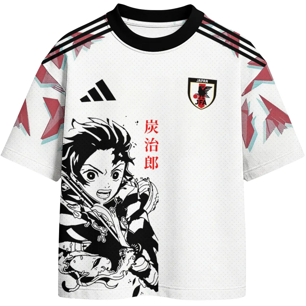 Demon Slayer Tanjiro Kamado Football Jersey, Hinokami Kagura Kimetsu no Yaiba Anime Crew Neck Jersey Shirt, White Black Red Ink Tee