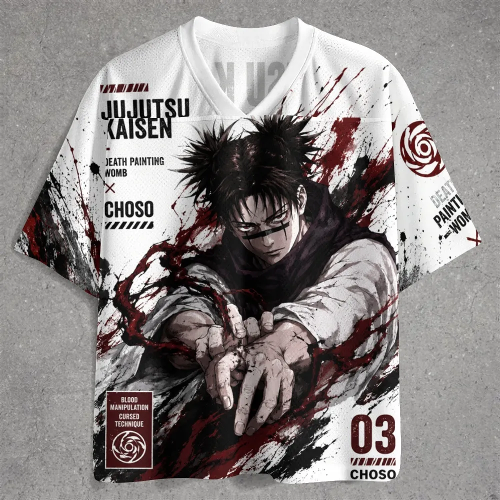 Jujutsu Kaisen Choso Football Jersey, Death Painting Womb Number 03 White and Crimson Anime V-Neck Jersey Shirt, Blood Manipulation Tee