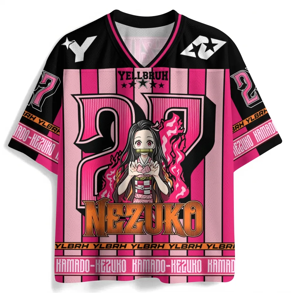 Demon Slayer Nezuko Kamado Football Jersey, Number 27 Bamboo Muzzle Rose Flames Anime V-Neck Jersey Shirt, Hot Pink Black Striped Tee