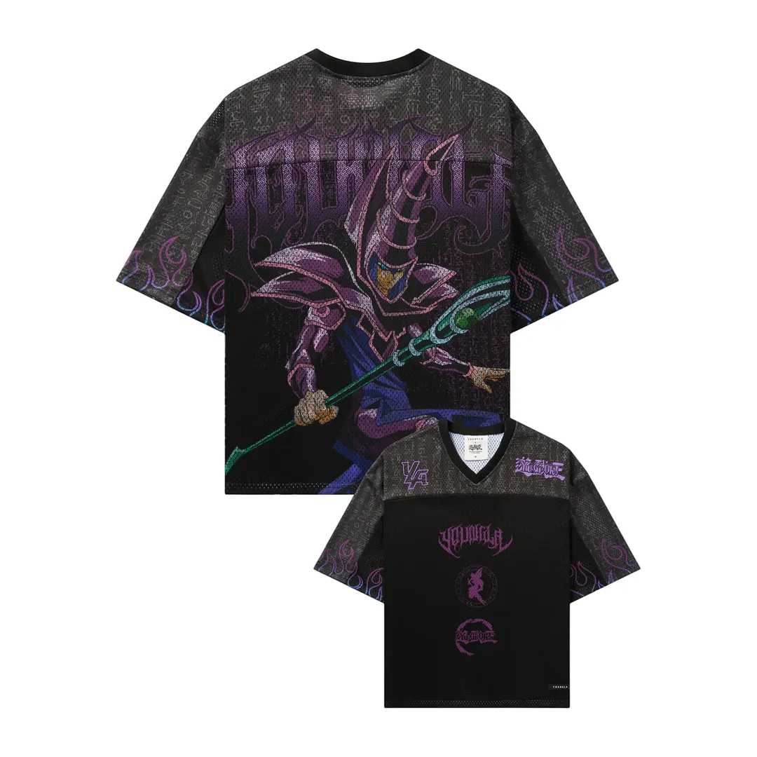 Yu-Gi-Oh Dark Magician Football Jersey, Purple Spellcaster Gothic Lettering Mesh Anime V-Neck Jersey Shirt, Black Grey Sports Tee for Fans